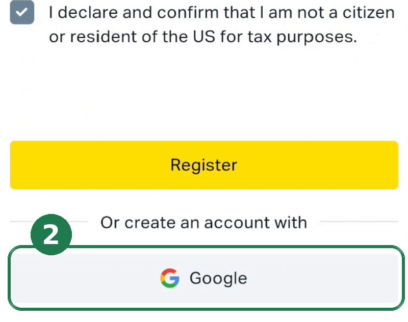 ② Choose “Google” — registering with your Google account is the fastest and surest way (no e-mail form, no new password).