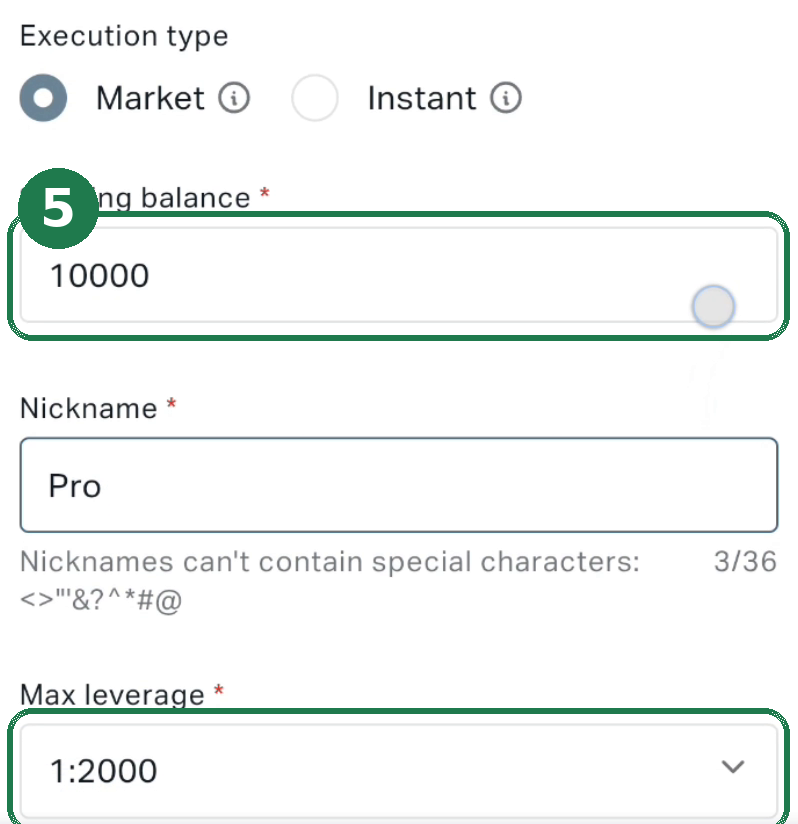 ⑤ Stay on the “Demo” tab, set Starting balance to 10000 and Max leverage to 1:2000.
