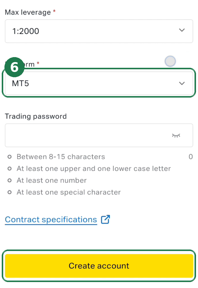⑥ Choose “MT5” as the platform, then tap “Create account”. Your verification demo account is ready.